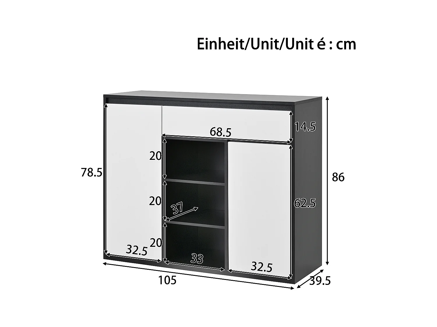 Meuble à chaussures avec 2 portes + 1 tiroir + étagère réglable - 105 x 39.5 x 86 cm - aggloméré - noir