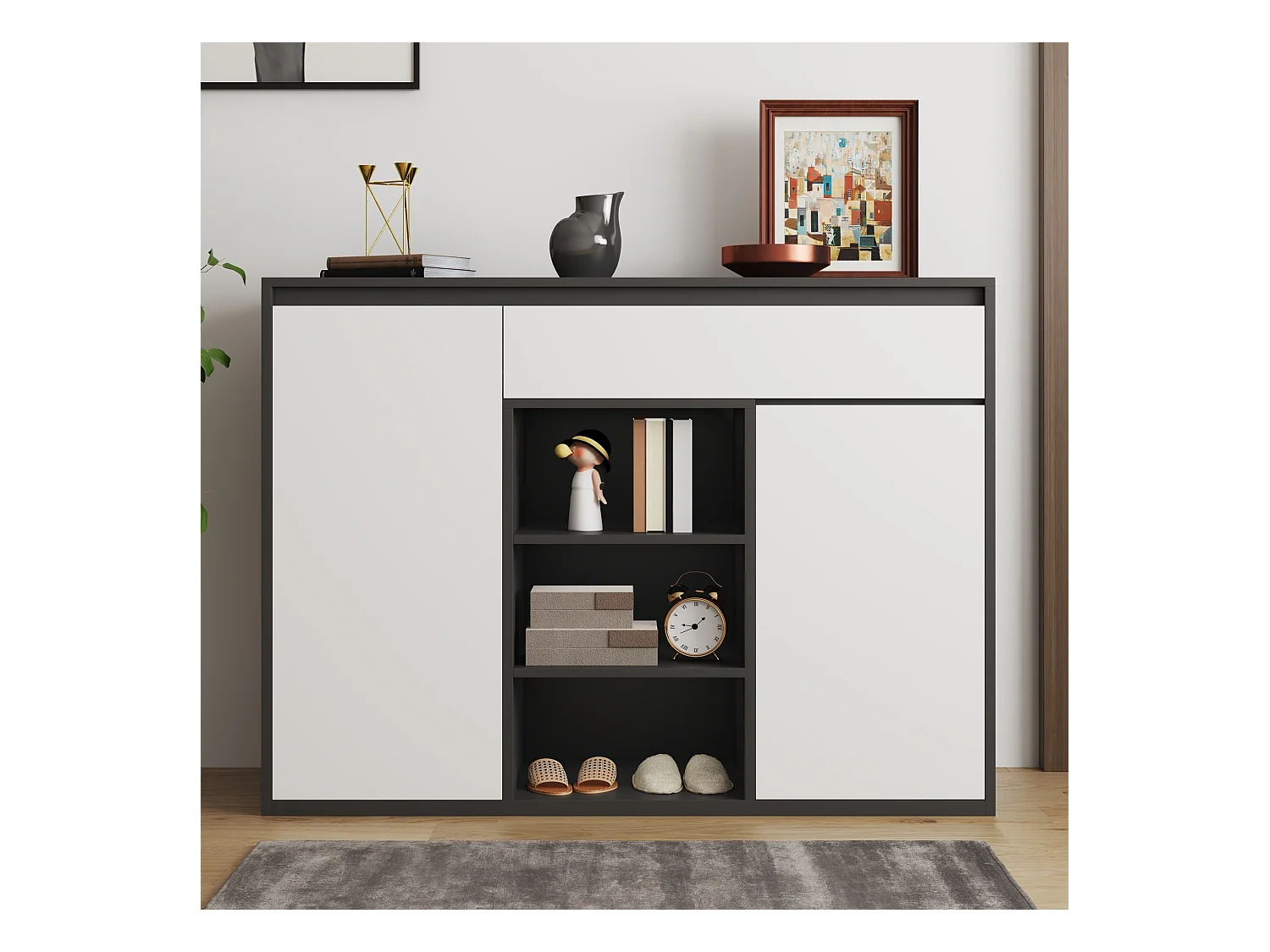 Meuble à chaussures avec 2 portes + 1 tiroir + étagère réglable - 105 x 39.5 x 86 cm - aggloméré - noir