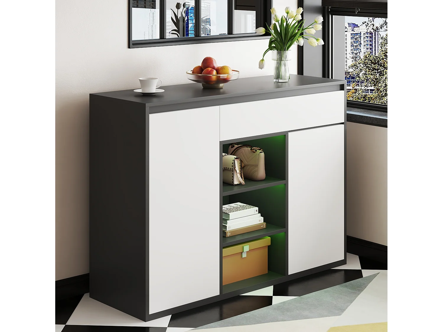 Meuble à chaussures avec 2 portes + 1 tiroir + étagère réglable - 105 x 39.5 x 86 cm - aggloméré - noir