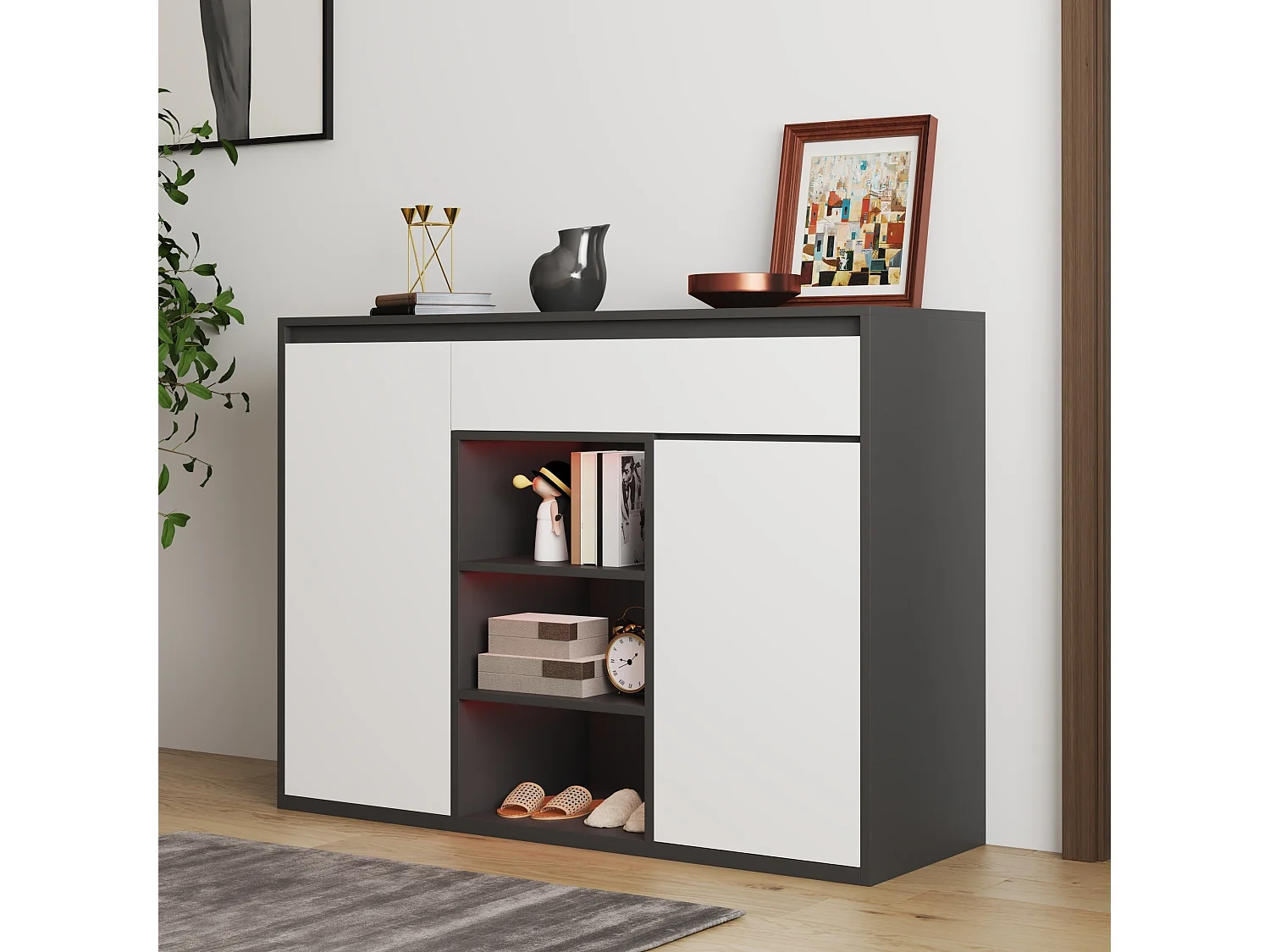 Meuble à chaussures avec 2 portes + 1 tiroir + étagère réglable - 105 x 39.5 x 86 cm - aggloméré - noir