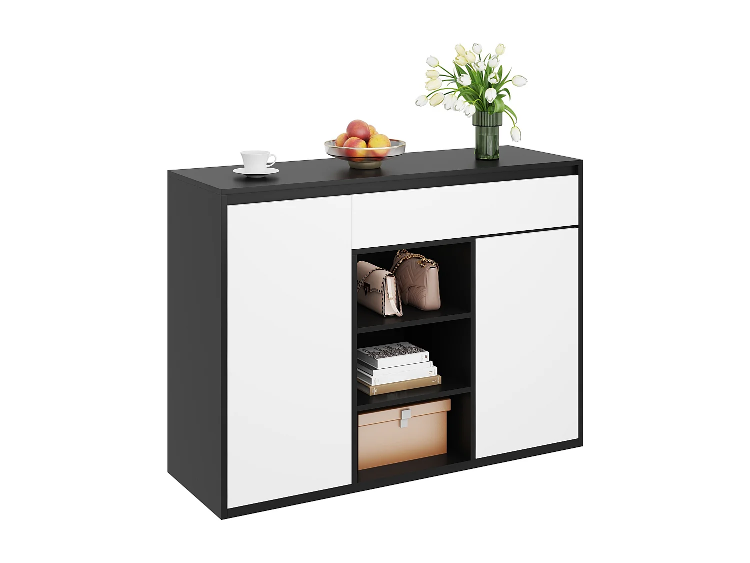 Meuble à chaussures avec 2 portes + 1 tiroir + étagère réglable - 105 x 39.5 x 86 cm - aggloméré - noir