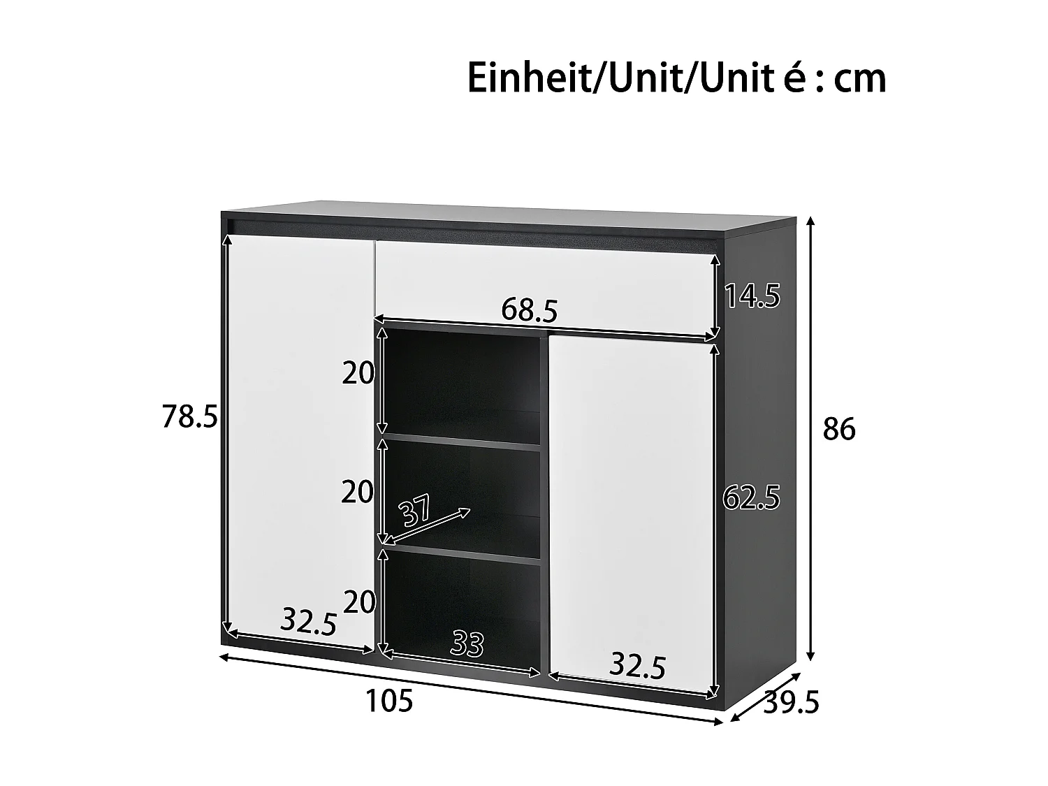 Meuble à chaussures avec 2 portes + 1 tiroir + étagère réglable - 105 x 39.5 x 86 cm - aggloméré - noir