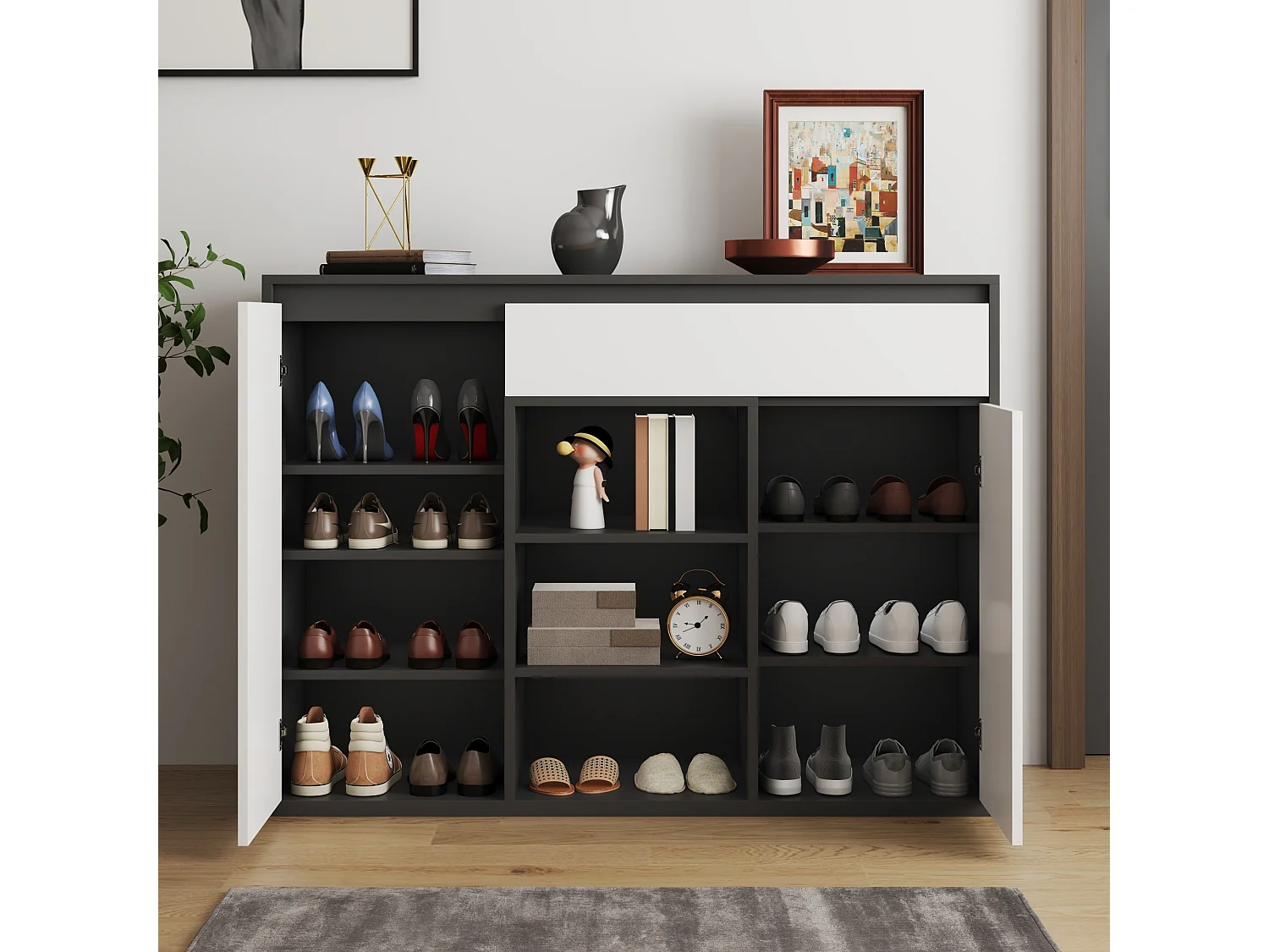 Meuble à chaussures avec 2 portes + 1 tiroir + étagère réglable - 105 x 39.5 x 86 cm - aggloméré - noir