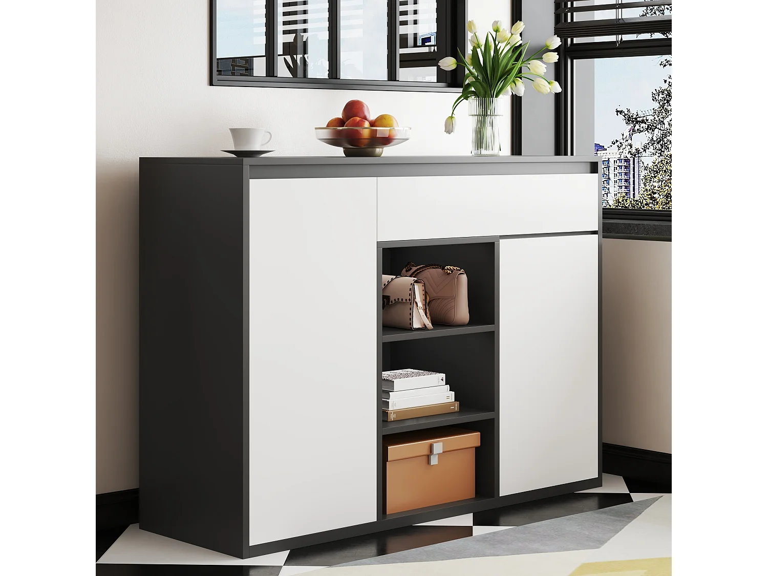 Meuble à chaussures avec 2 portes + 1 tiroir + étagère réglable - 105 x 39.5 x 86 cm - aggloméré - noir