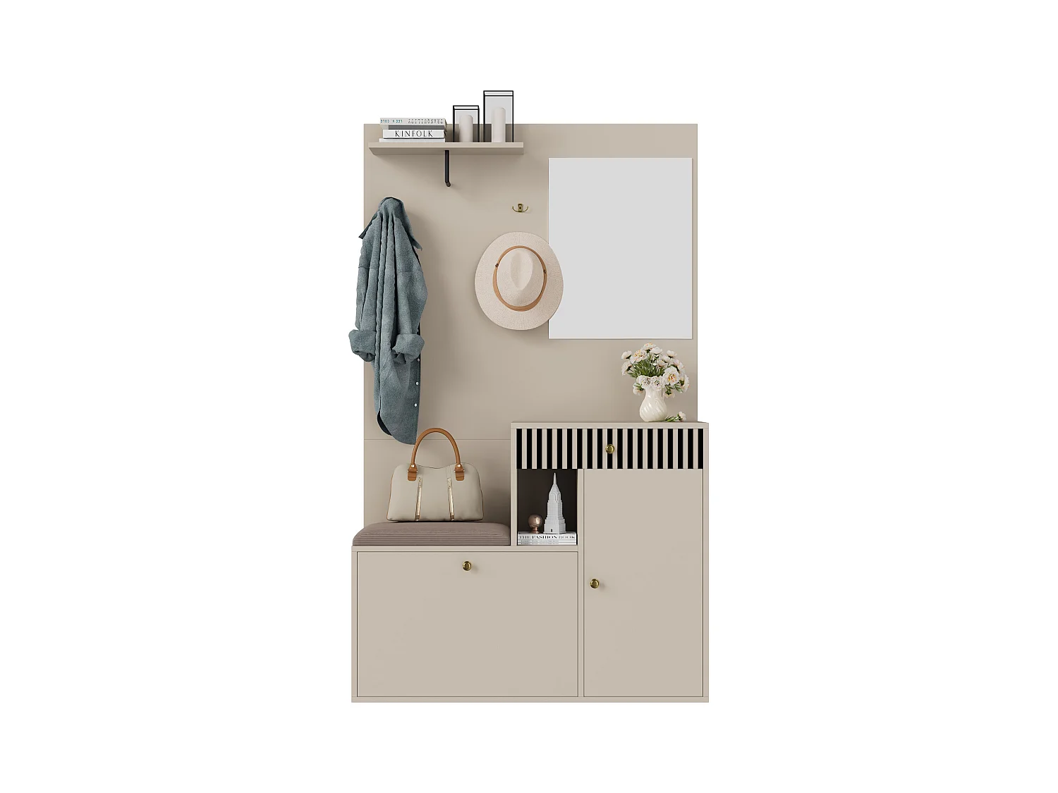 Vestiaire avec miroir + coussins + meuble de chaussures - 110 x 37 x 185.5 cm - MDF - beige