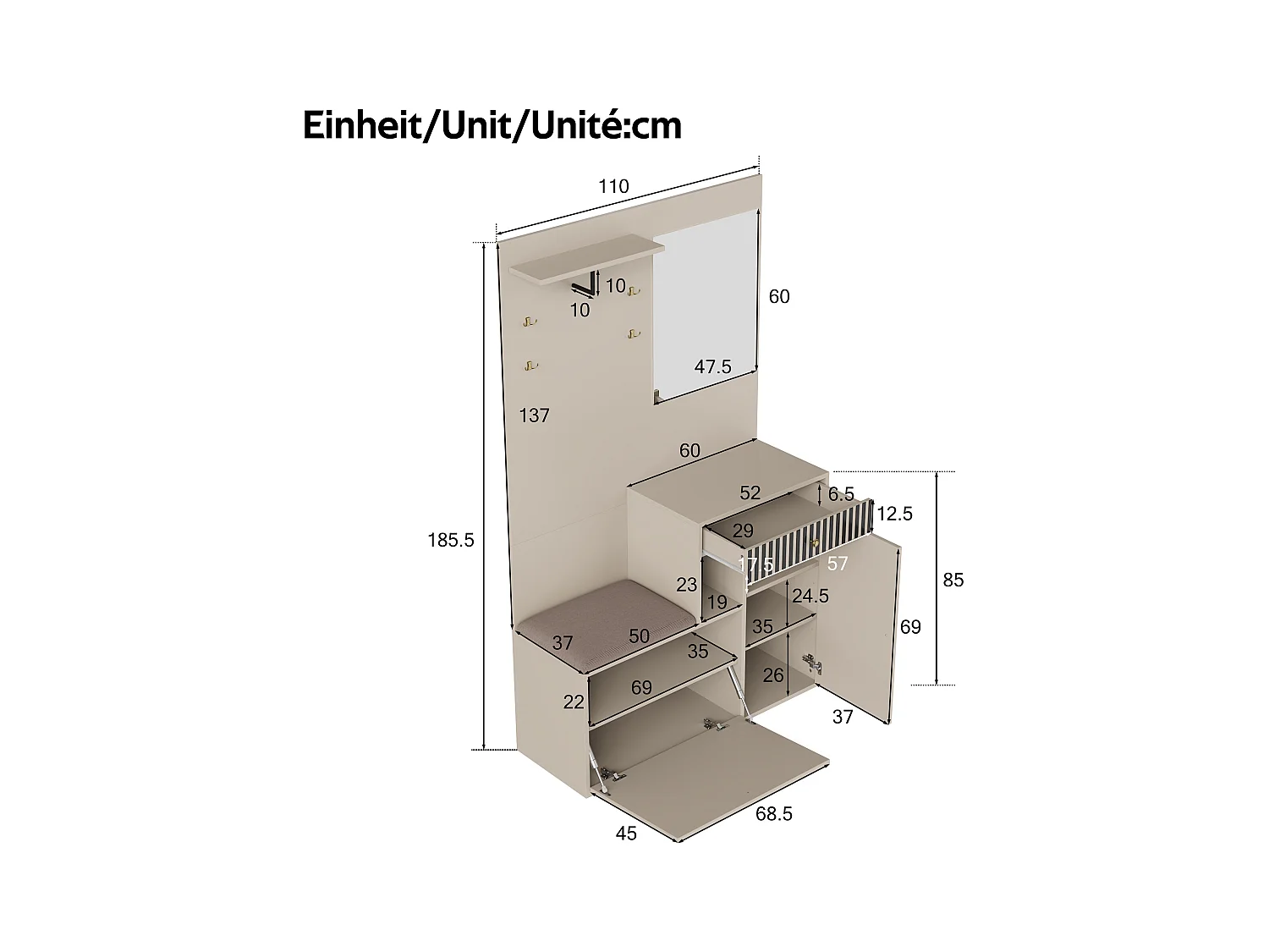 Vestiaire avec miroir + coussins + meuble de chaussures - 110 x 37 x 185.5 cm - MDF - beige