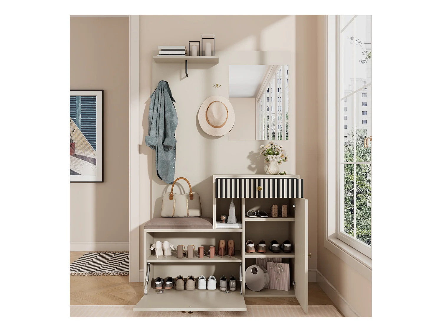 Vestiaire avec miroir + coussins + meuble de chaussures - 110 x 37 x 185.5 cm - MDF - beige