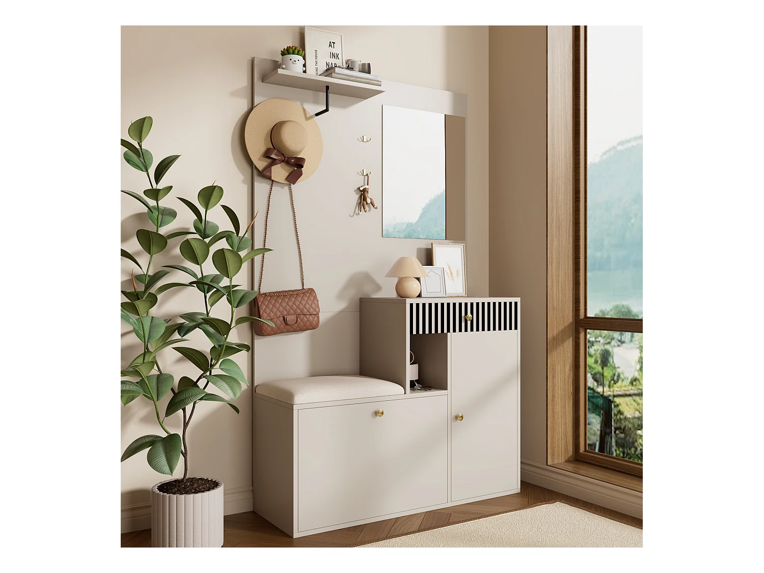 Vestiaire avec miroir + coussins + meuble de chaussures - 110 x 37 x 185.5 cm - MDF - beige