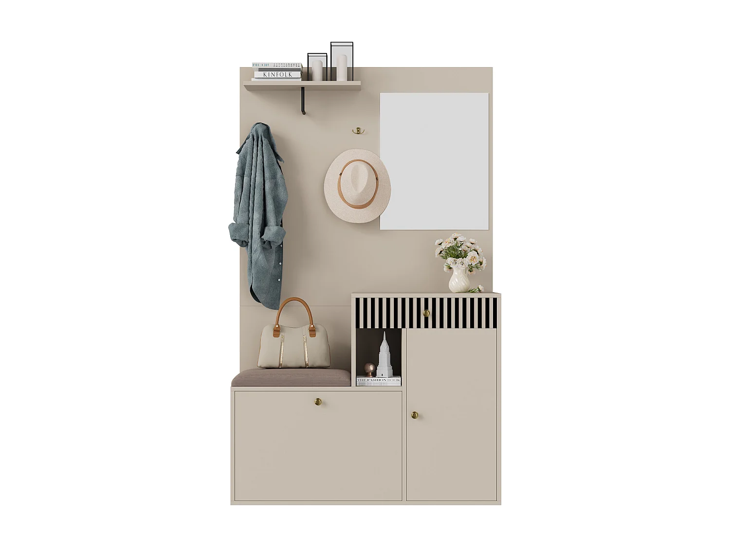 Vestiaire avec miroir + coussins + meuble de chaussures - 110 x 37 x 185.5 cm - MDF - beige