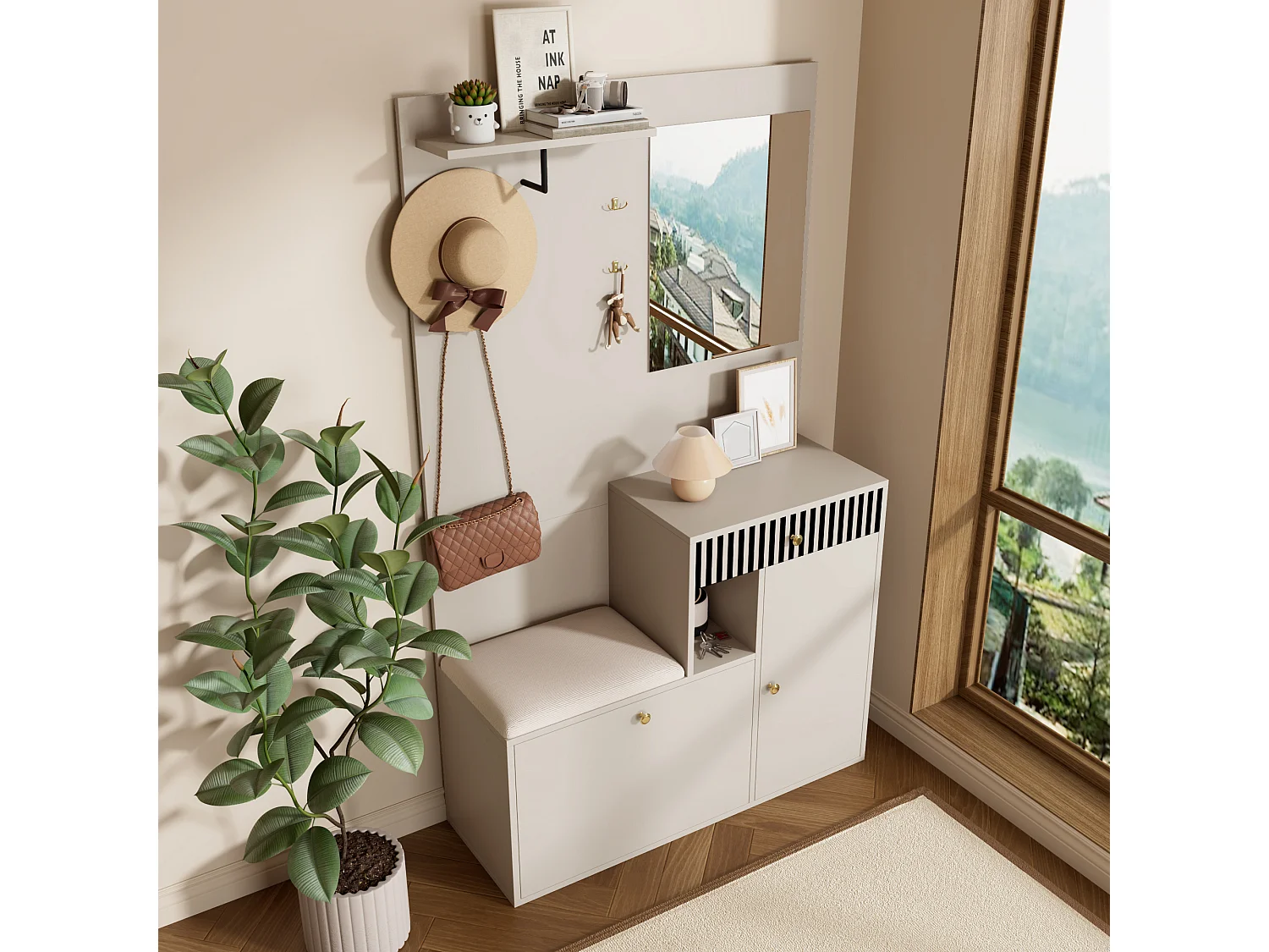 Vestiaire avec miroir + coussins + meuble de chaussures - 110 x 37 x 185.5 cm - MDF - beige