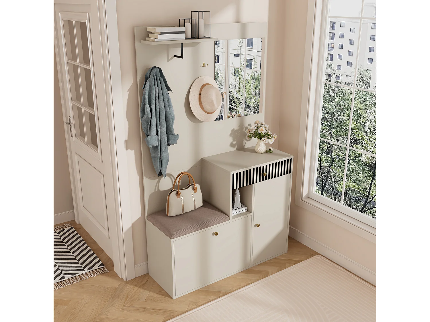 Vestiaire avec miroir + coussins + meuble de chaussures - 110 x 37 x 185.5 cm - MDF - beige