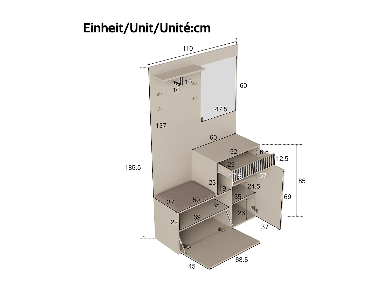 Vestiaire avec miroir + coussins + meuble de chaussures - 110 x 37 x 185.5 cm - MDF - beige