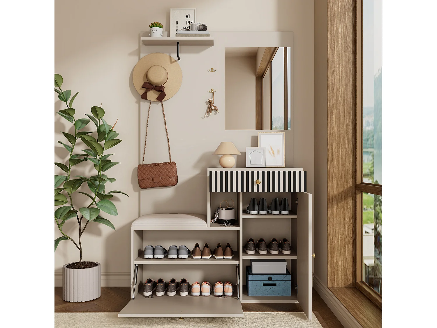 Vestiaire avec miroir + coussins + meuble de chaussures - 110 x 37 x 185.5 cm - MDF - beige