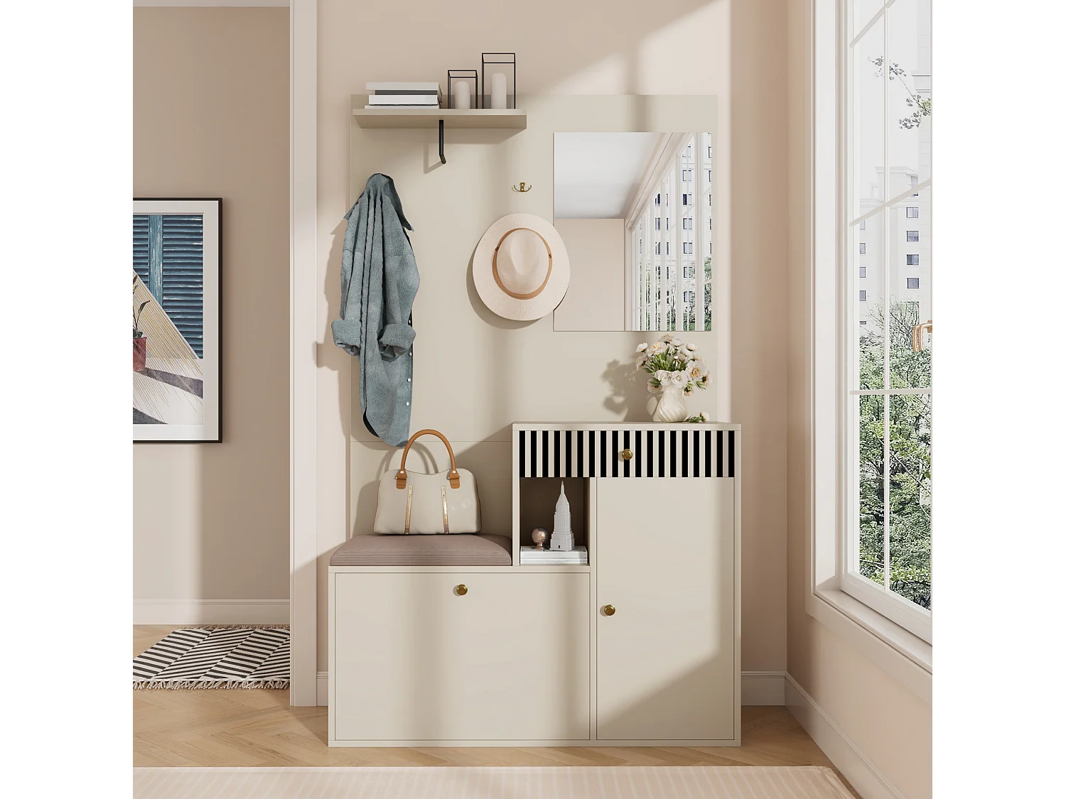 Vestiaire avec miroir + coussins + meuble de chaussures - 110 x 37 x 185.5 cm - MDF - beige