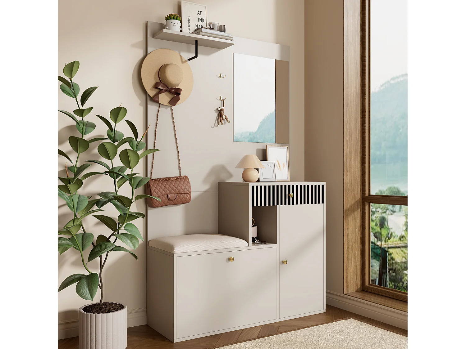 Vestiaire avec miroir + coussins + meuble de chaussures - 110 x 37 x 185.5 cm - MDF - beige