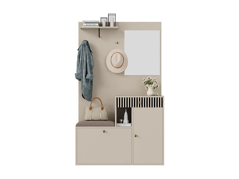 Vestiaire avec miroir + coussins + meuble de chaussures - 110 x 37 x 185.5 cm - MDF - beige