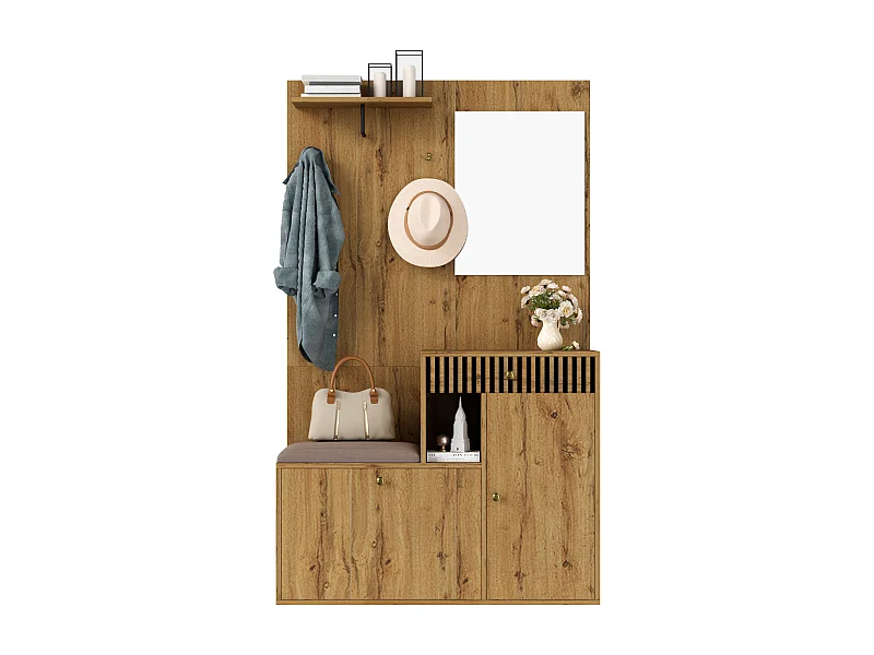 Vestiaire avec miroir + coussins + meuble de chaussures - 110 x 37 x 185.5 cm cm - MDF - naturel