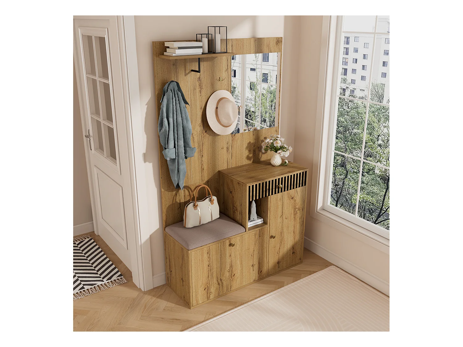 Vestiaire avec miroir + coussins + meuble de chaussures - 110 x 37 x 185.5 cm cm - MDF - naturel