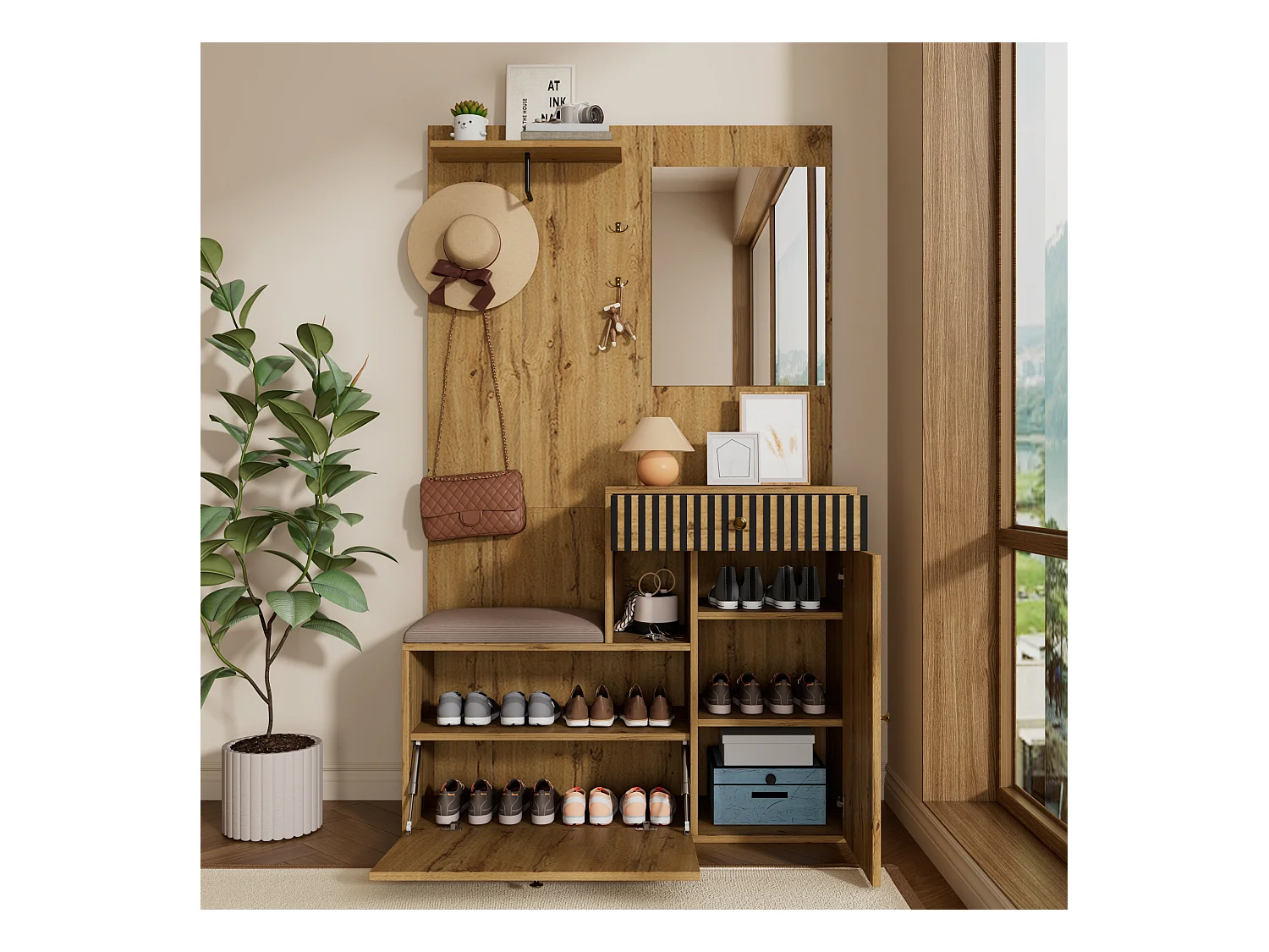 Vestiaire avec miroir + coussins + meuble de chaussures - 110 x 37 x 185.5 cm cm - MDF - naturel