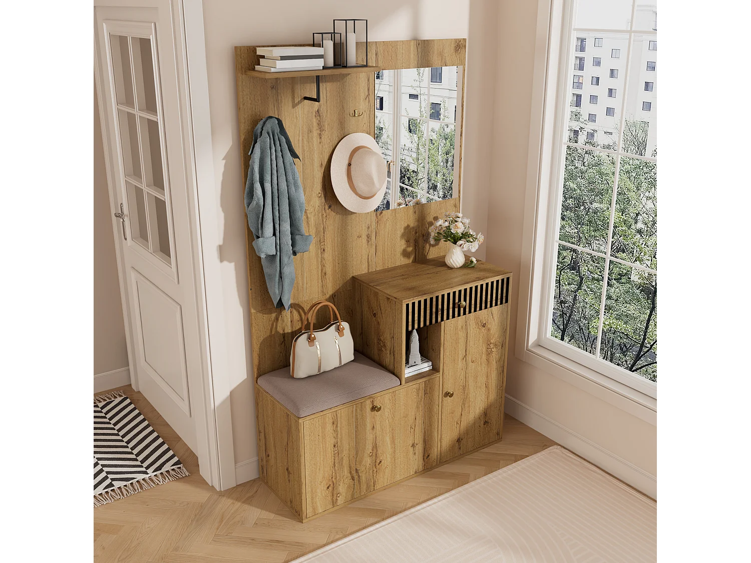 Vestiaire avec miroir + coussins + meuble de chaussures - 110 x 37 x 185.5 cm cm - MDF - naturel