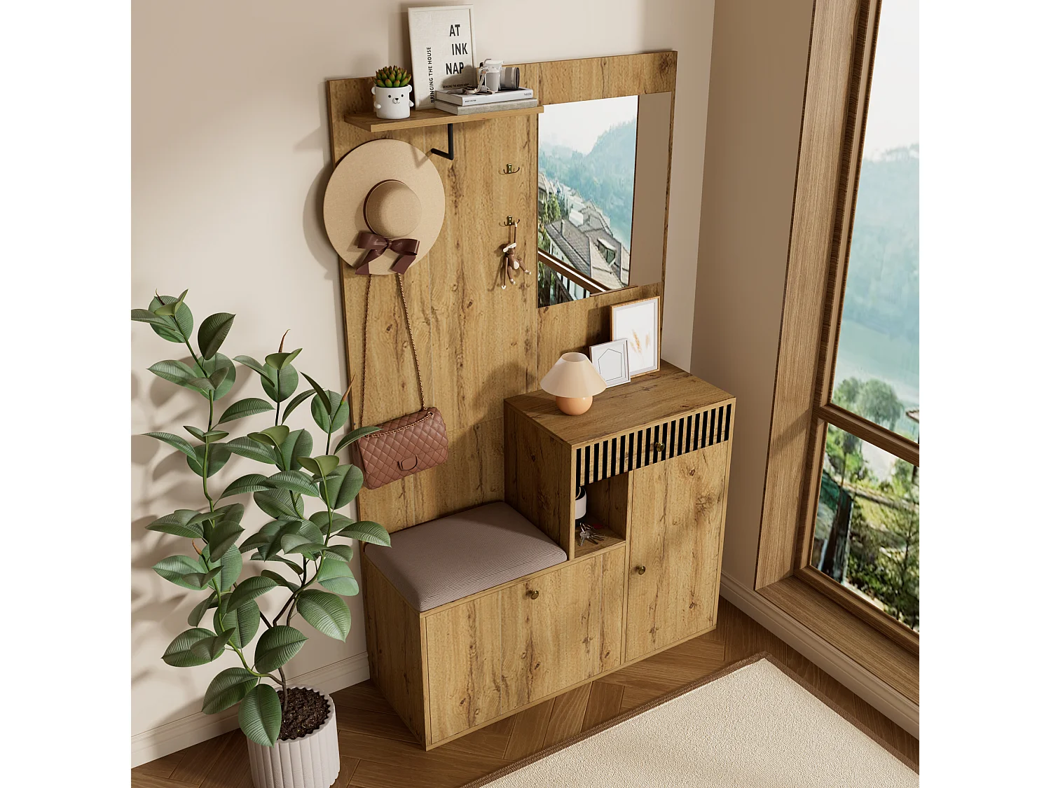 Vestiaire avec miroir + coussins + meuble de chaussures - 110 x 37 x 185.5 cm cm - MDF - naturel