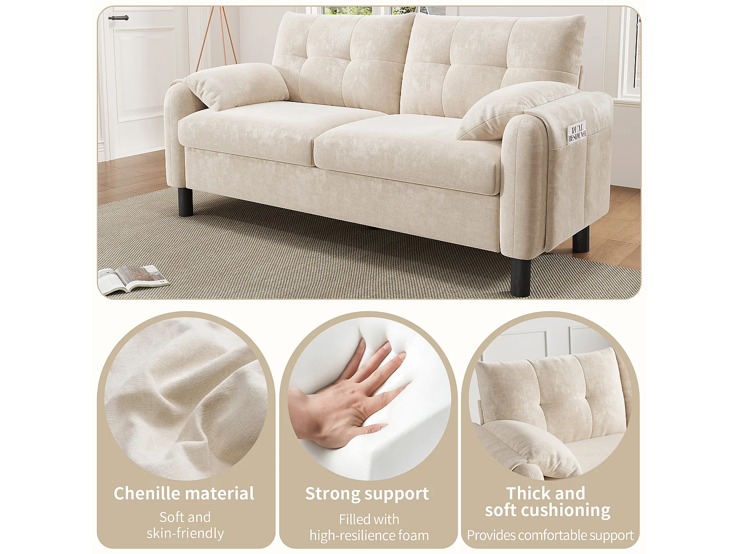 Canapé rembourré 2 places moderne avec coussins épais - 158 x 80 x 88.5 cm - velours - beige