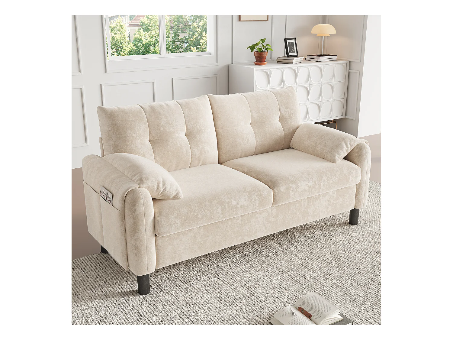 Canapé rembourré 2 places moderne avec coussins épais - 158 x 80 x 88.5 cm - velours - beige