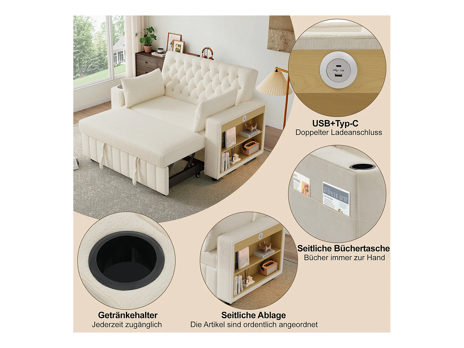 Canapé convertible pliant avec rangement - 140 x 137 x 84 cm - avec USB + oreiller - velours - beige