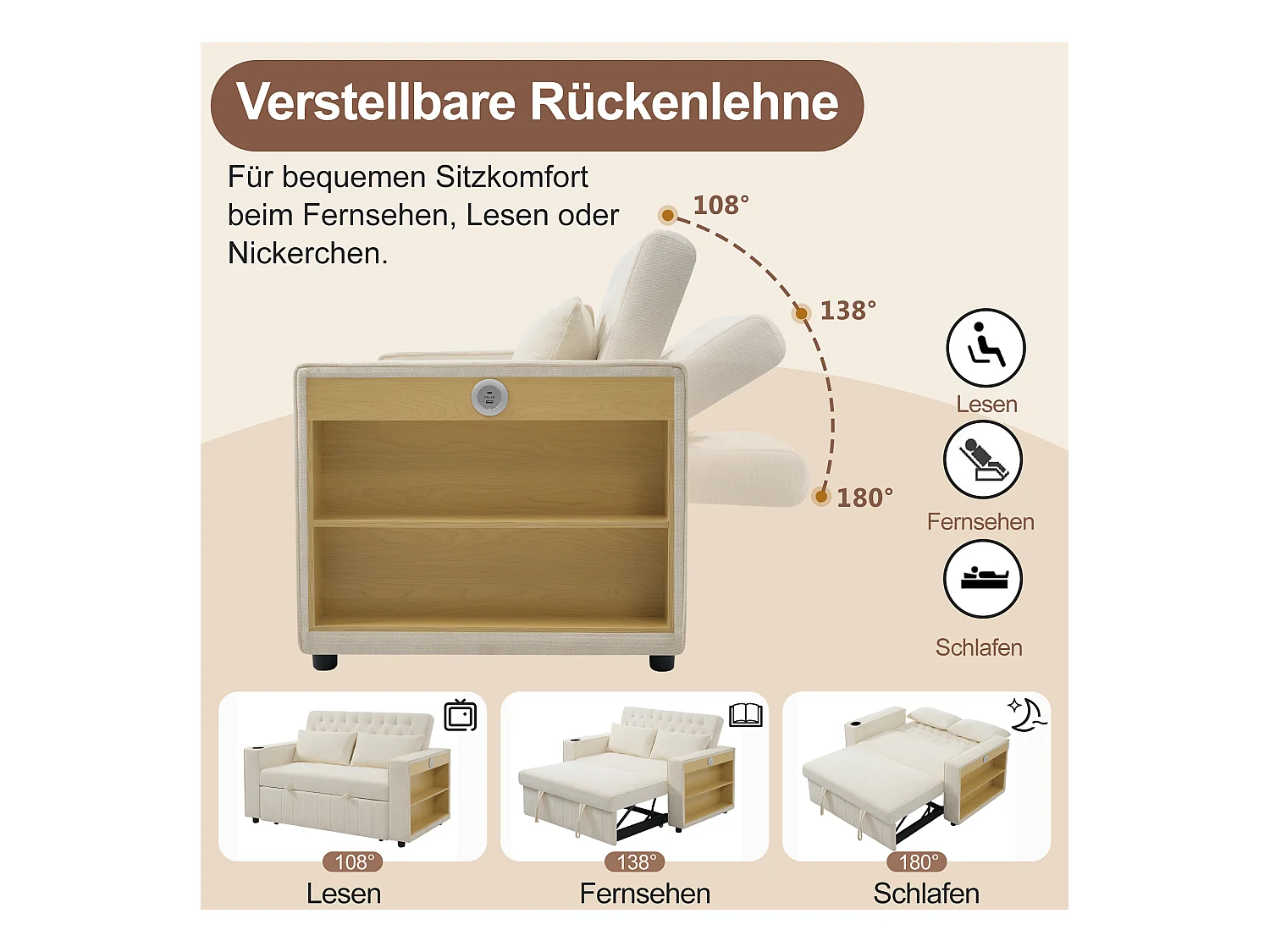 Canapé convertible pliant avec rangement - 140 x 137 x 84 cm - avec USB + oreiller - velours - beige