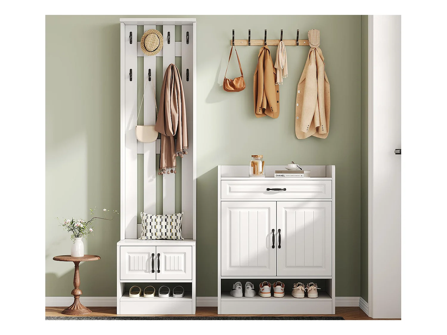 Conjunto de vestidor de entrada - 1 perchero y 1 mueble para zapatos - con 8 ganchos - Blanco