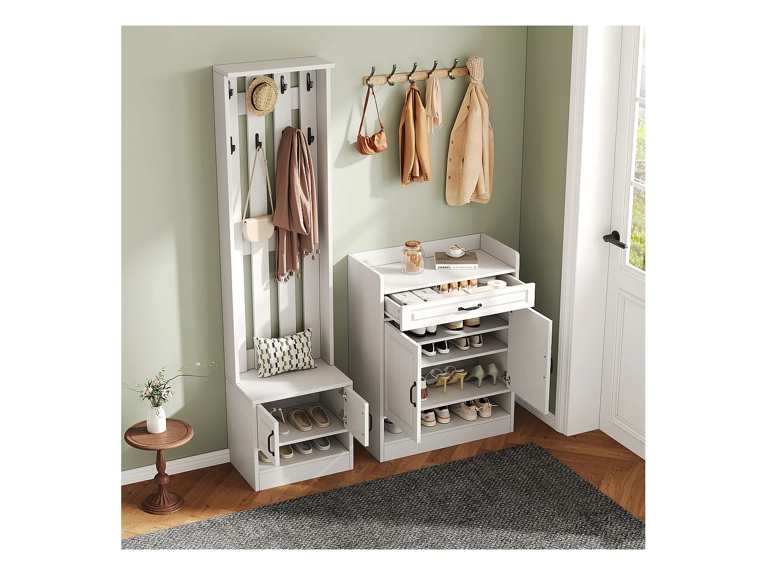 Conjunto de vestidor de entrada - 1 perchero y 1 mueble para zapatos - con 8 ganchos - Blanco