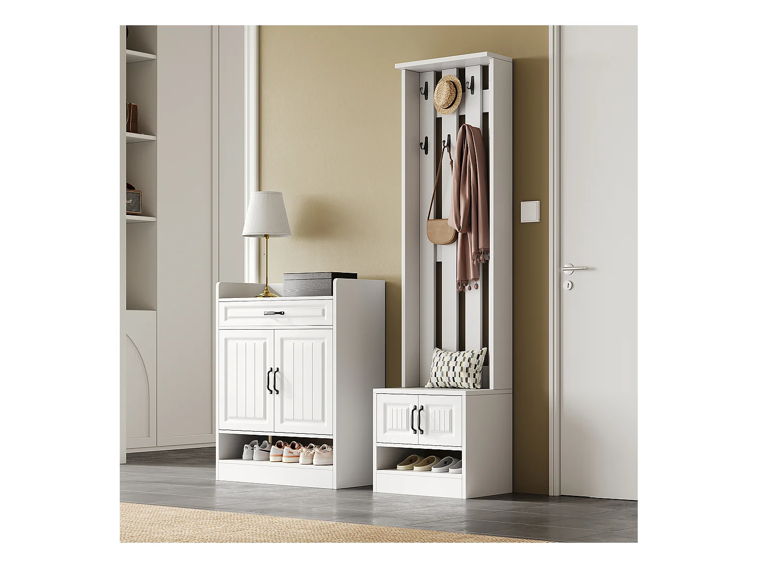 Conjunto de vestidor de entrada - 1 perchero y 1 mueble para zapatos - con 8 ganchos - Blanco