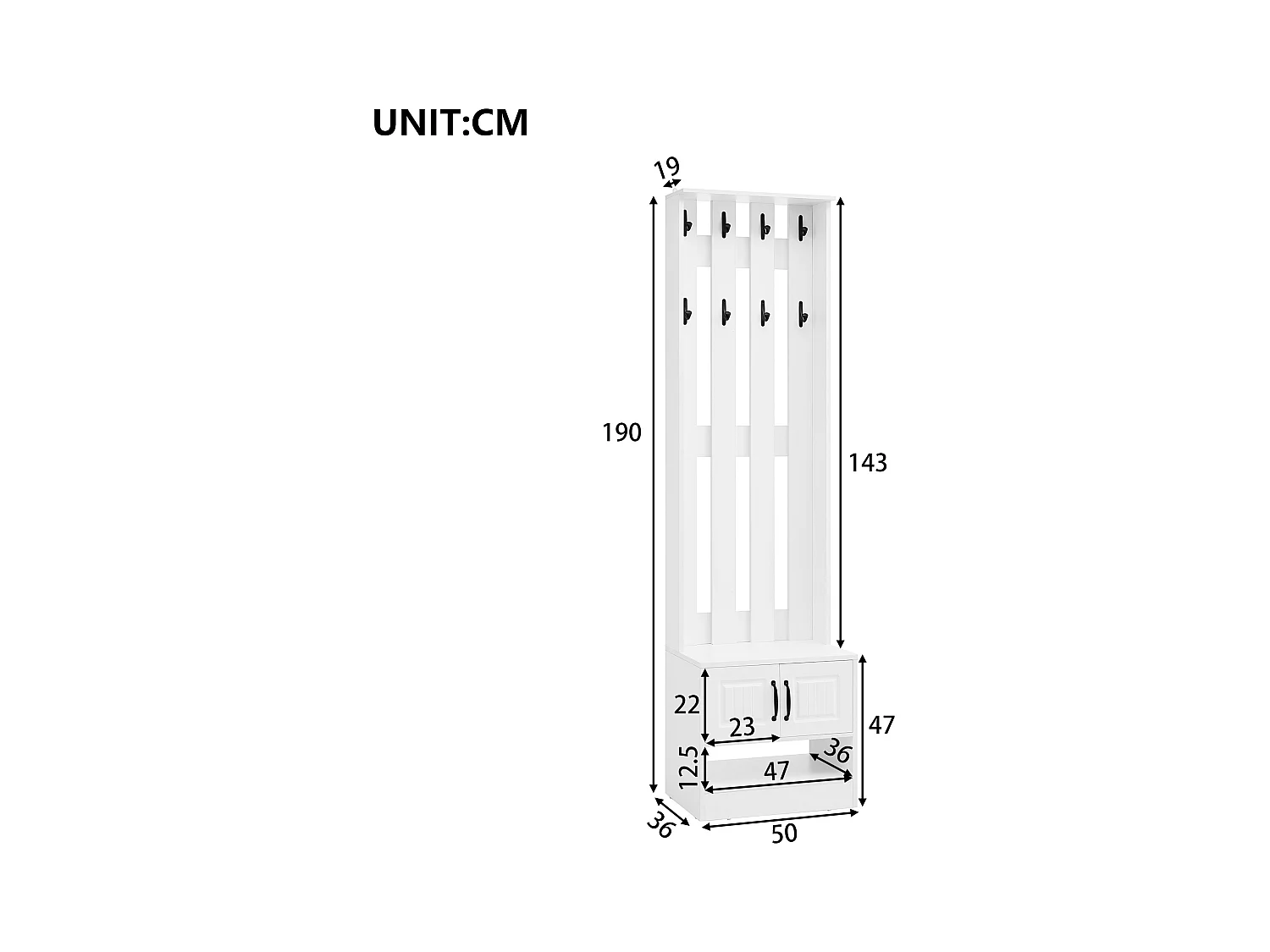 Conjunto de vestidor de entrada - 1 perchero y 1 mueble para zapatos - con 8 ganchos - Blanco