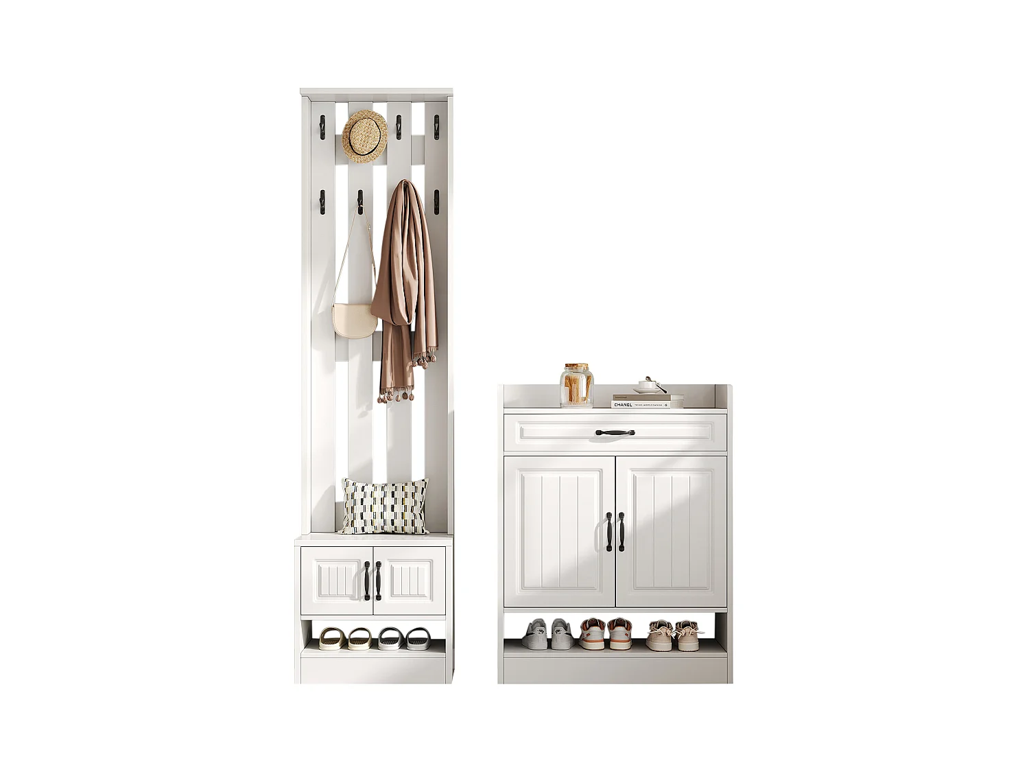 Conjunto de vestidor de entrada - 1 perchero y 1 mueble para zapatos - con 8 ganchos - Blanco