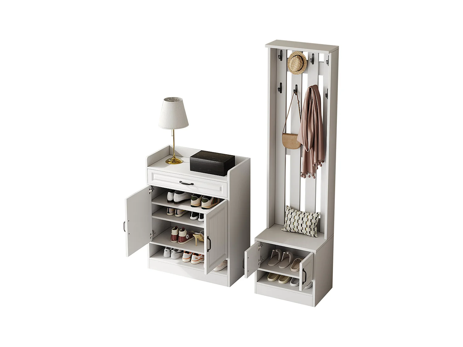 Conjunto de vestidor de entrada - 1 perchero y 1 mueble para zapatos - con 8 ganchos - Blanco