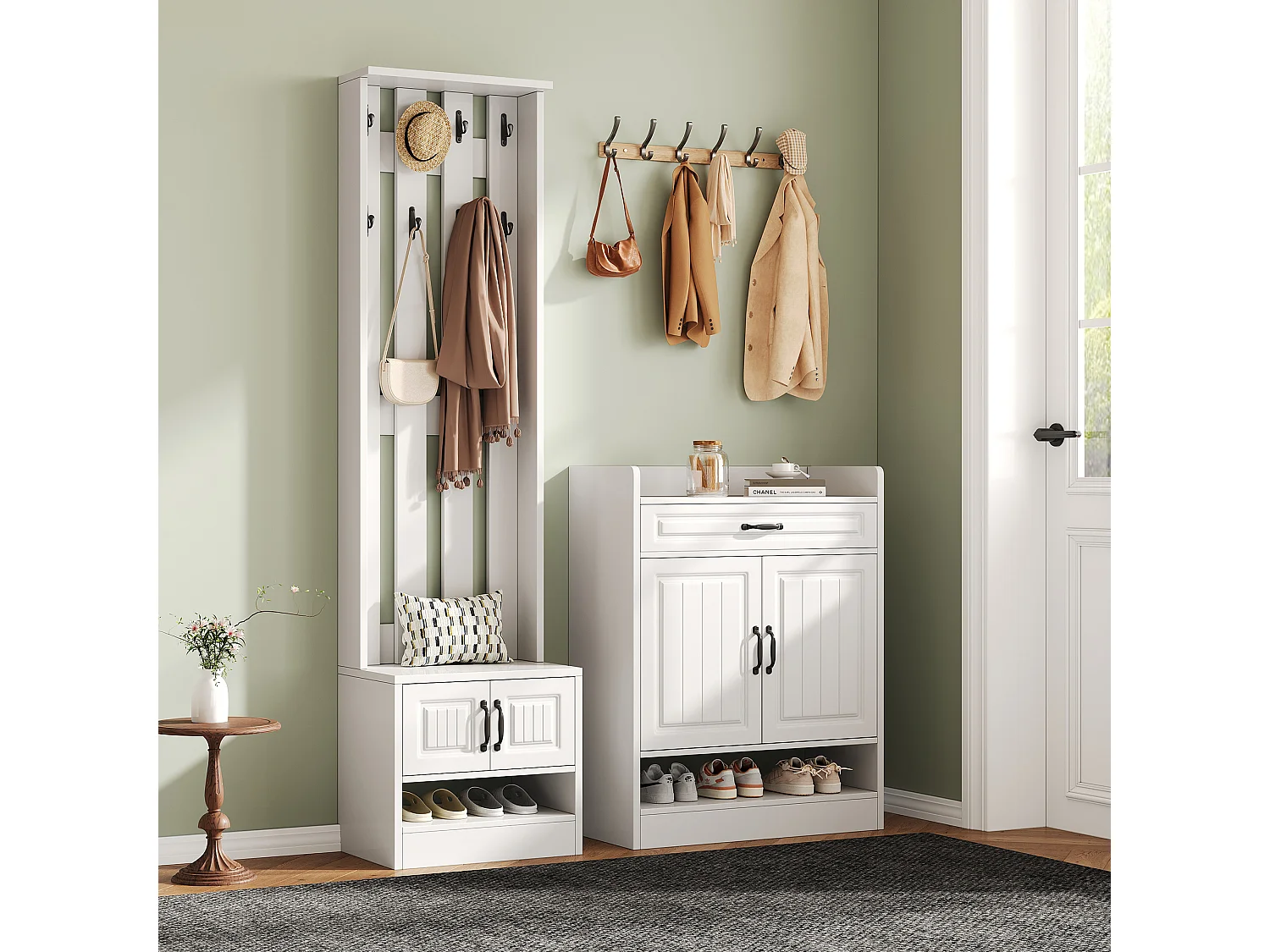 Garderoben-Set - 1 Kleiderständer und 1 Schuhschrank - mit 8 Haken - Weiß