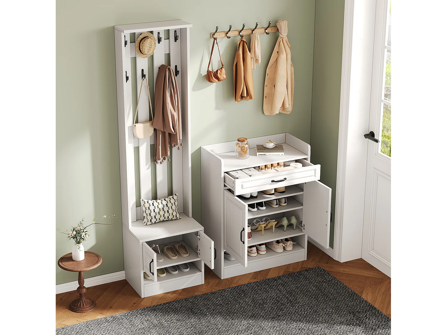 Garderoben-Set - 1 Kleiderständer und 1 Schuhschrank - mit 8 Haken - Weiß