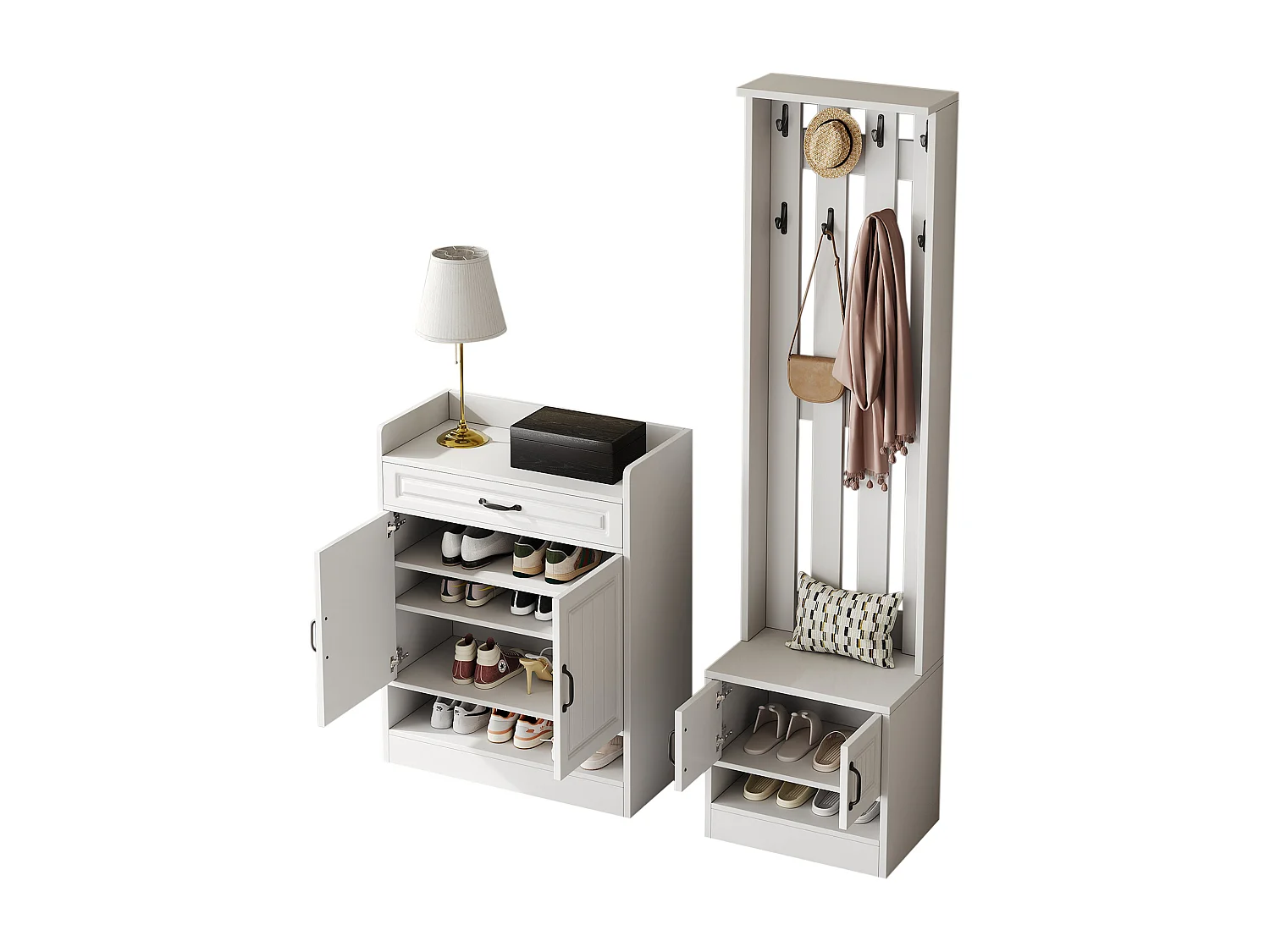 Garderoben-Set - 1 Kleiderständer und 1 Schuhschrank - mit 8 Haken - Weiß