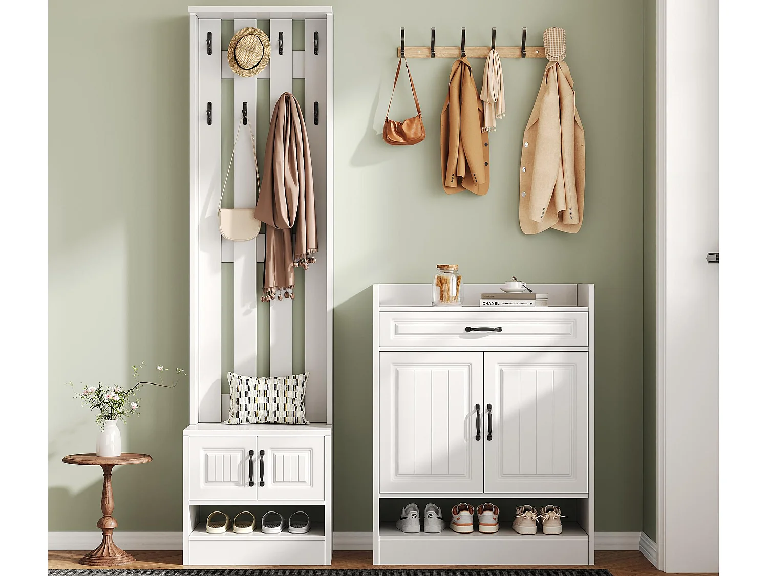 Ensemble vestiaire d'entrée - 1 porte-manteau et 1 meuble à chaussures - avec 8 crochets - Blanc