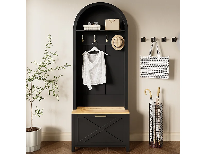Vestiaire/Armoire avec étagère à chaussures + crochets - meuble d'entrée - 75 x 35 x 195 cm - MDF - noir