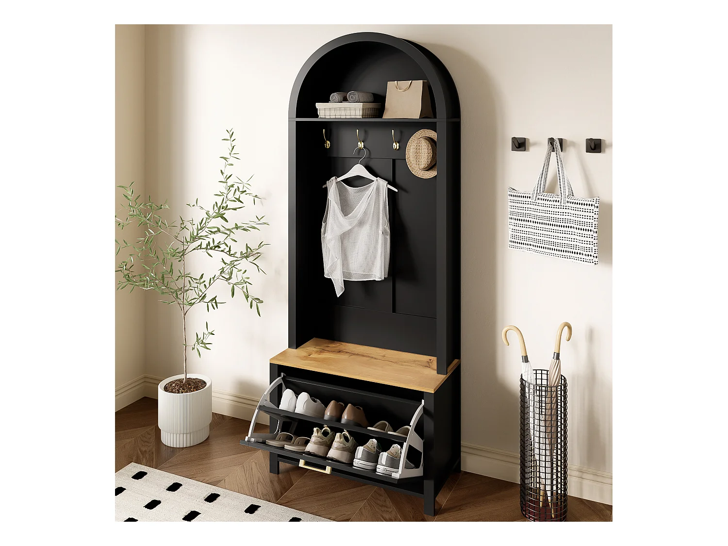 Vestiaire/Armoire avec étagère à chaussures + crochets - meuble d'entrée - 75 x 35 x 195 cm - MDF - noir