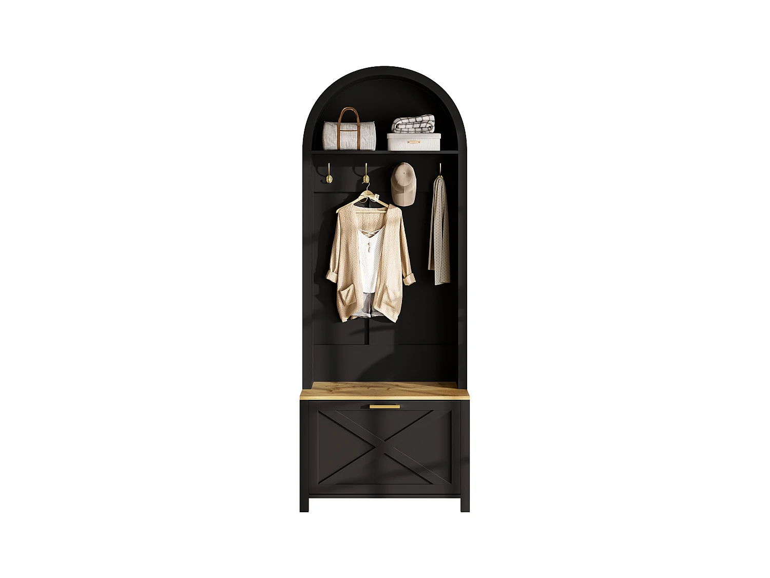 Vestiaire/Armoire avec étagère à chaussures + crochets - meuble d'entrée - 75 x 35 x 195 cm - MDF - noir