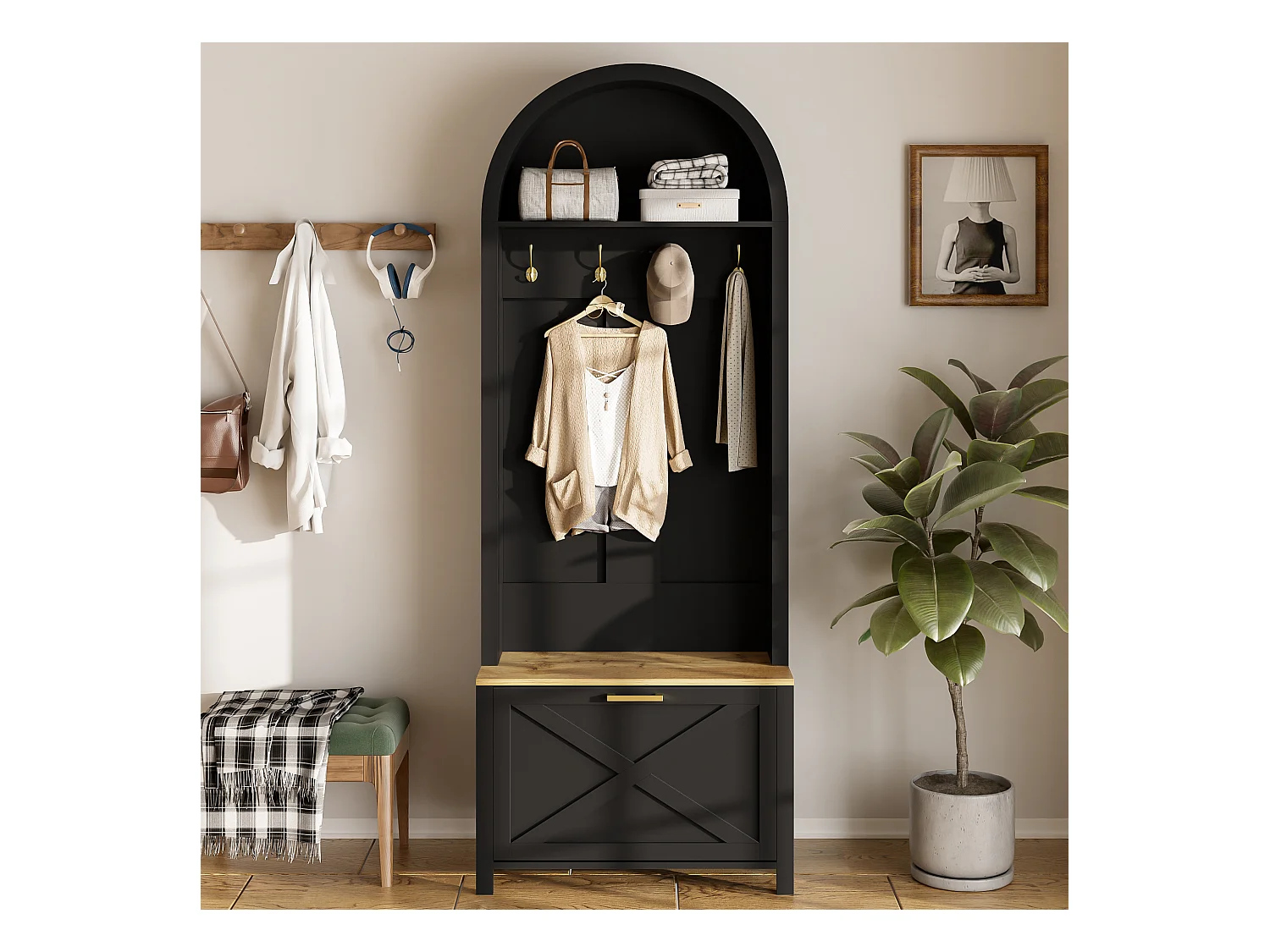 Vestiaire/Armoire avec étagère à chaussures + crochets - meuble d'entrée - 75 x 35 x 195 cm - MDF - noir