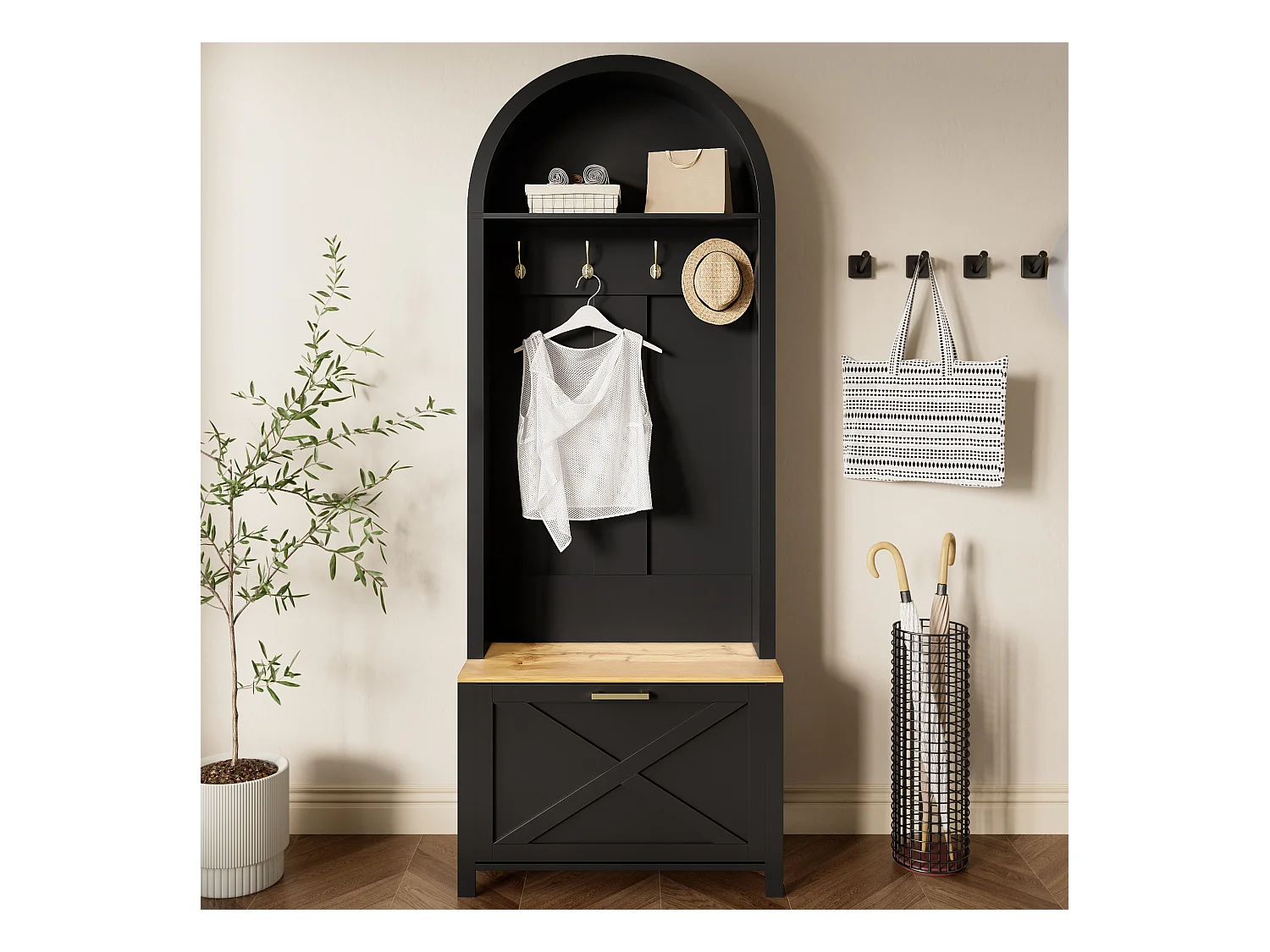 Vestiaire/Armoire avec étagère à chaussures + crochets - meuble d'entrée - 75 x 35 x 195 cm - MDF - noir