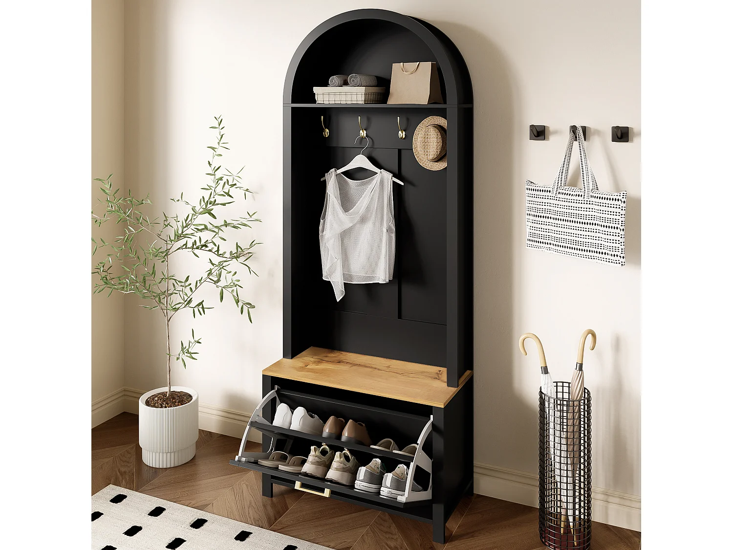 Vestiaire/Armoire avec étagère à chaussures + crochets - meuble d'entrée - 75 x 35 x 195 cm - MDF - noir