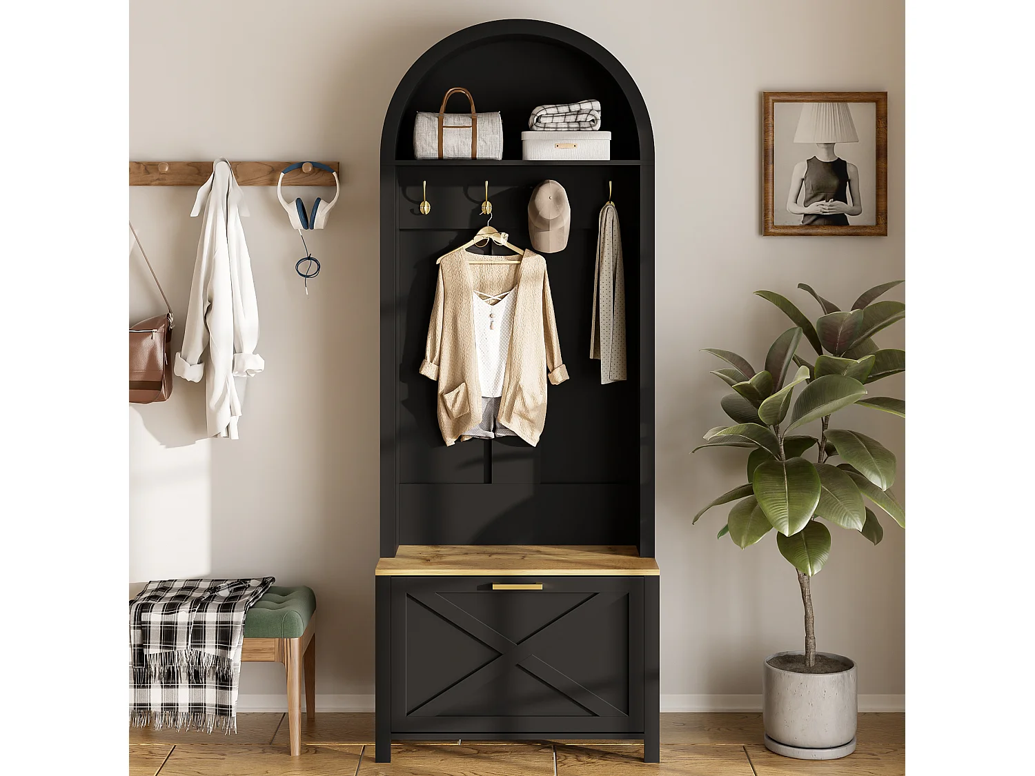Vestiaire/Armoire avec étagère à chaussures + crochets - meuble d'entrée - 75 x 35 x 195 cm - MDF - noir