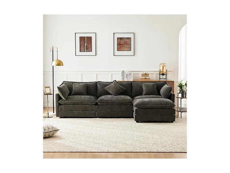 Canapé rembourré 3 places avec repose-pieds - 283 x 147 x 84 cm - pour salon et chambre - velours - gris