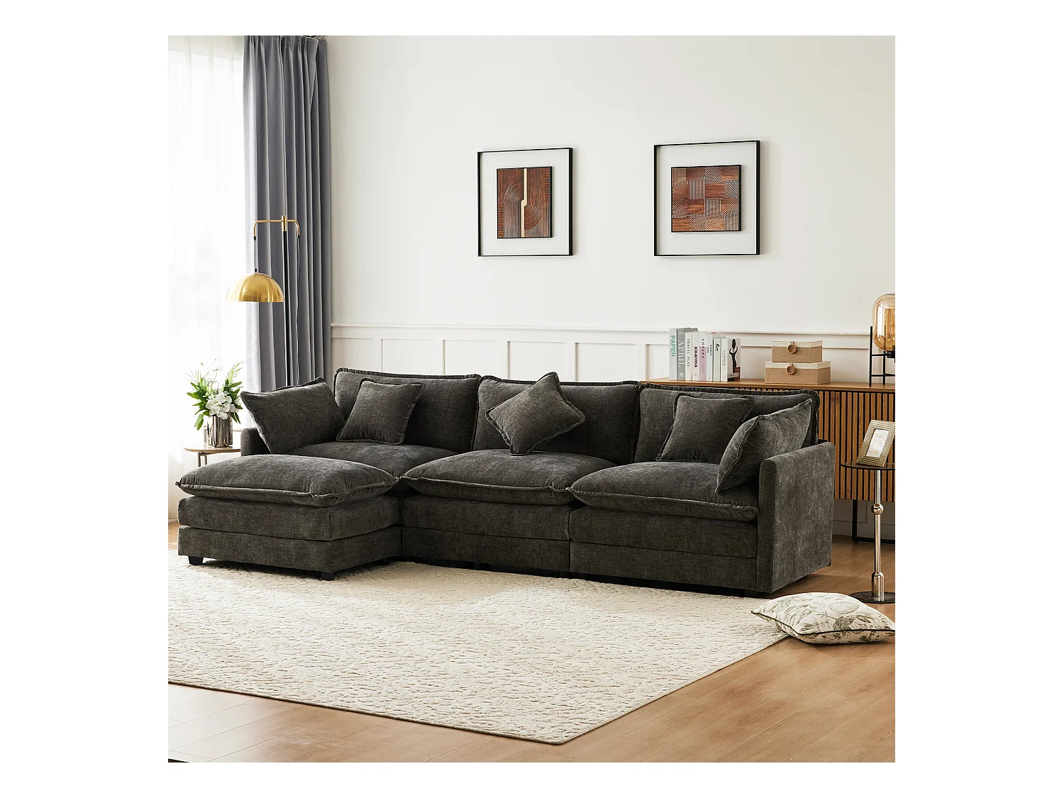 Canapé rembourré 3 places avec repose-pieds - 283 x 147 x 84 cm - pour salon et chambre - velours - gris