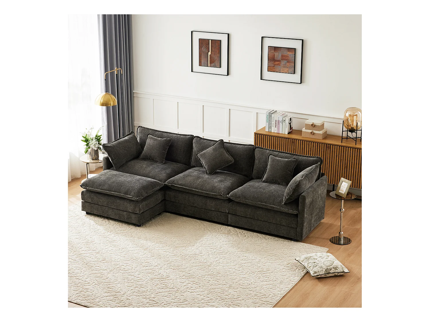 Canapé rembourré 3 places avec repose-pieds - 283 x 147 x 84 cm - pour salon et chambre - velours - gris