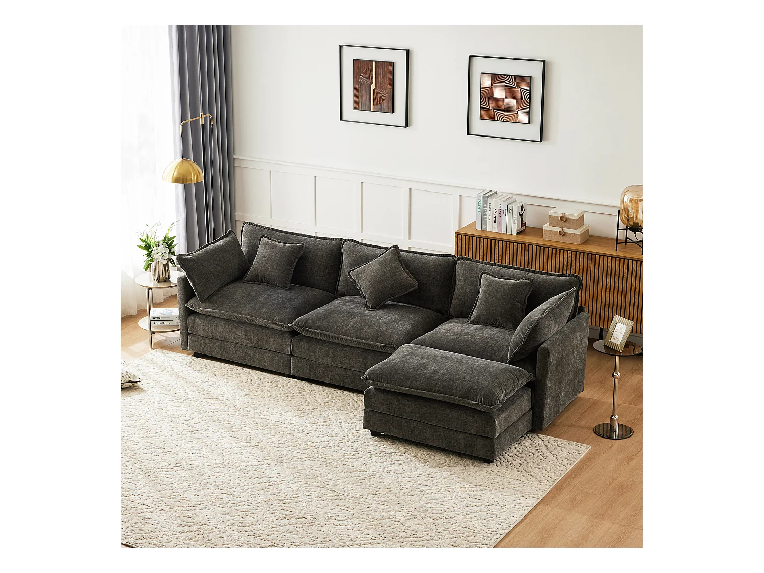 Canapé rembourré 3 places avec repose-pieds - 283 x 147 x 84 cm - pour salon et chambre - velours - gris